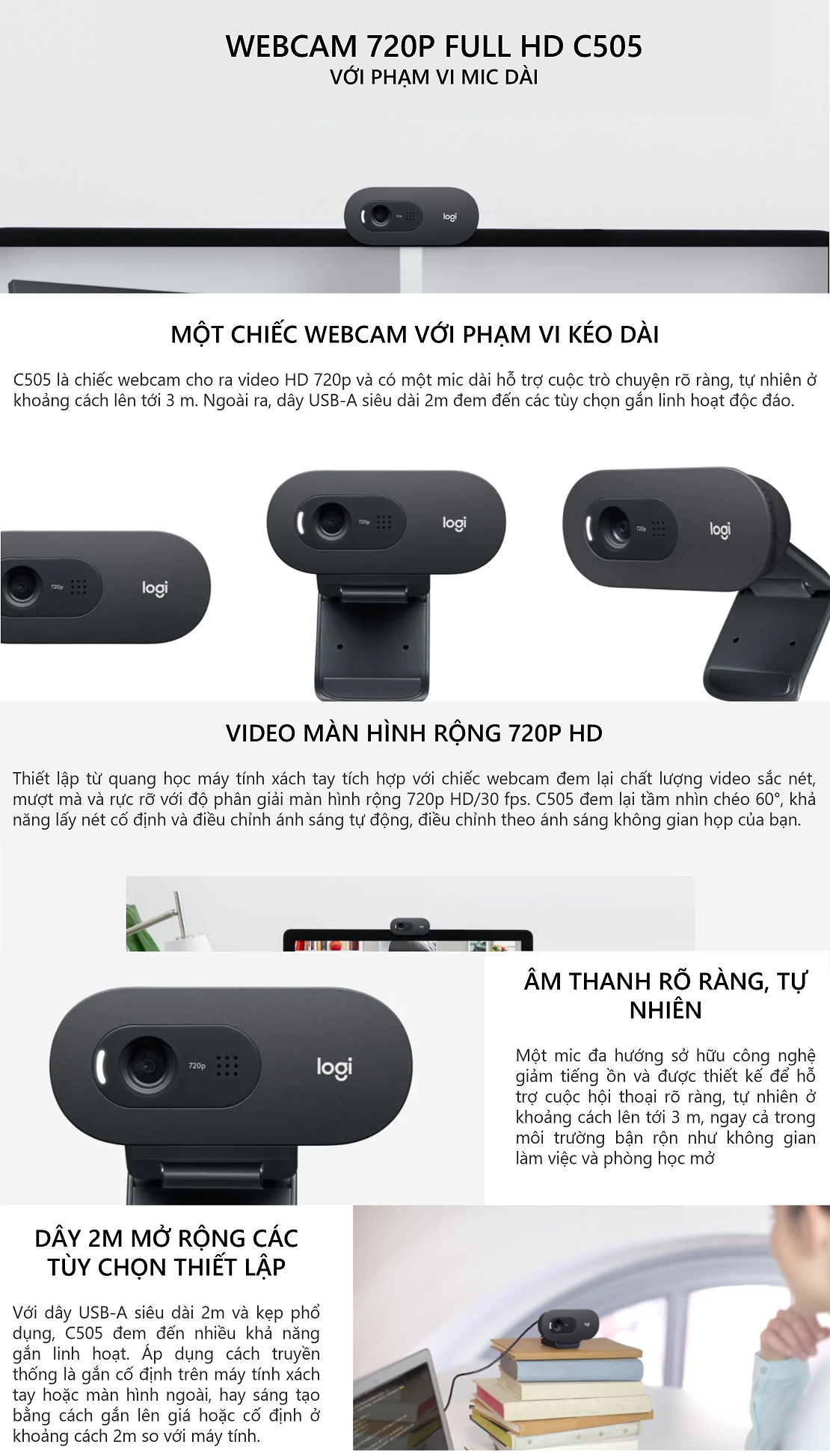 Webcam Logitech C505 720p HD 30FPS - Góc cam 60o, mic đa hướng giảm ồn ...